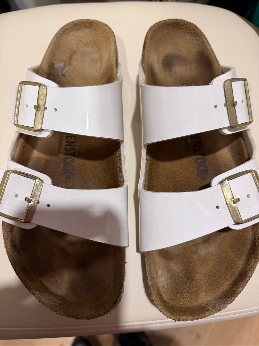 Birkenstock Sandals with Gold Buckles white patent leather